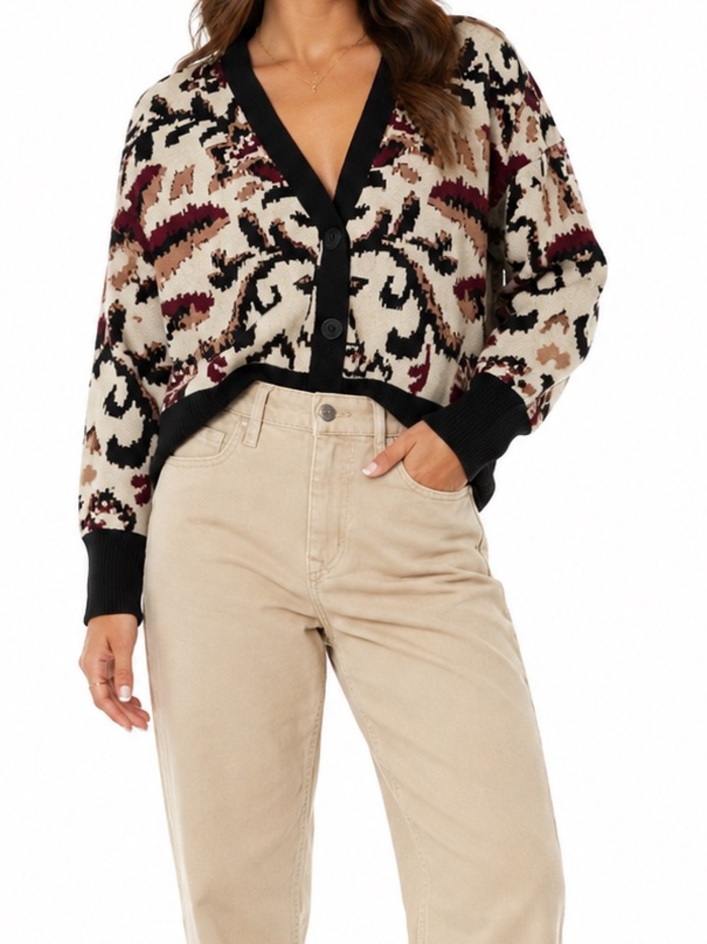 T Tahari Black & Cream Patterned Cardigan